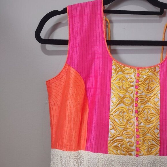 Women's Pink Orange White Embroidered Long Anarkani - Picture 3 of 8